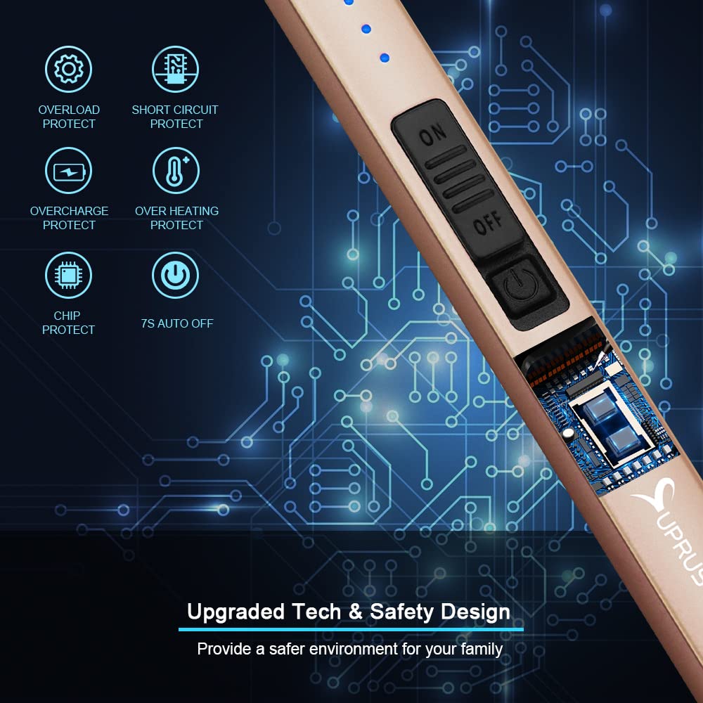 Close-up of the safety lock switch and LED battery power indicator on a SUPRUS electric lighter.
