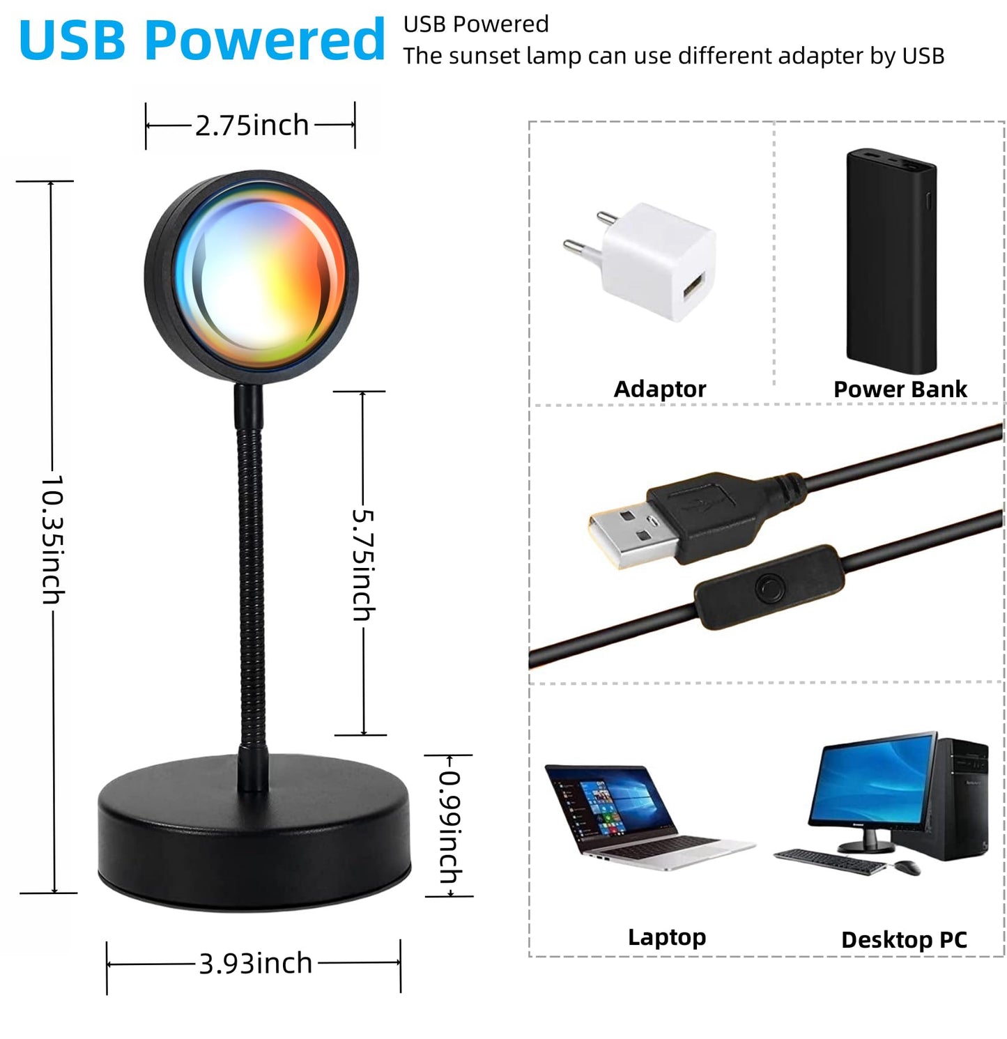 Product dimensions and USB power compatibility guide showing connection to laptop and power bank.