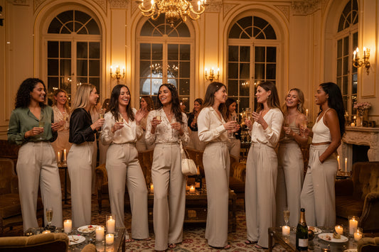 Group of elegant women wearing CHEERYAH high-waisted wide-leg work pants in a sophisticated indoor social setting.