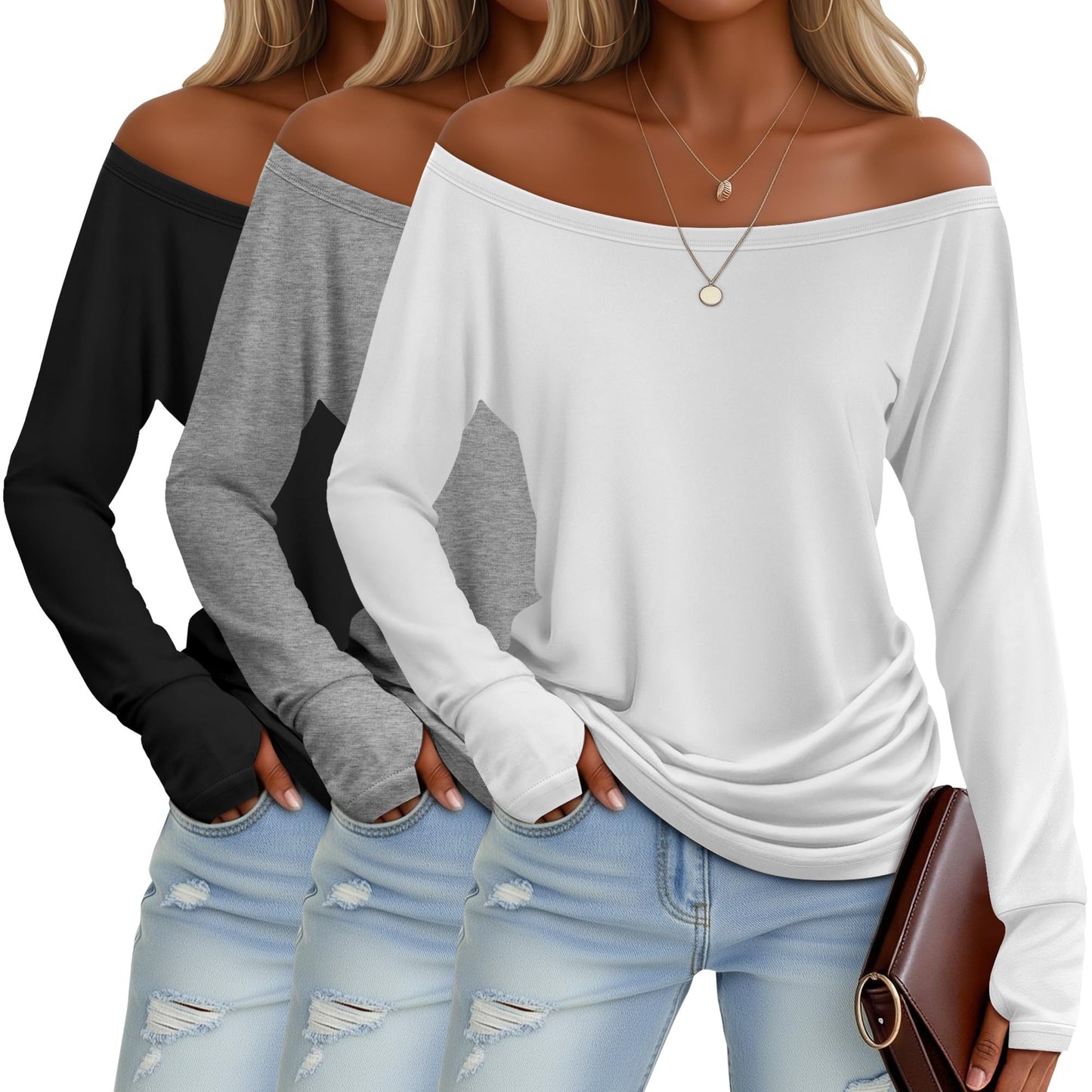 Close-up shot of the functional thumbholes on the long sleeves of the Huukeay off-shoulder top.