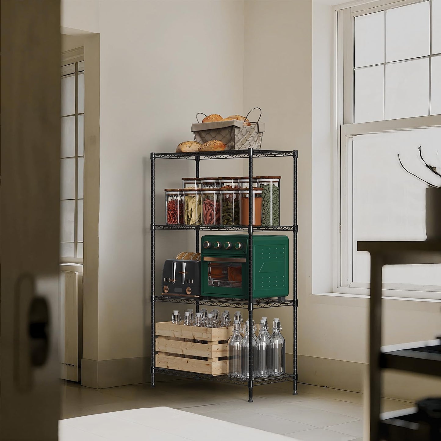 A steel shelf for storing glass bottles containing food