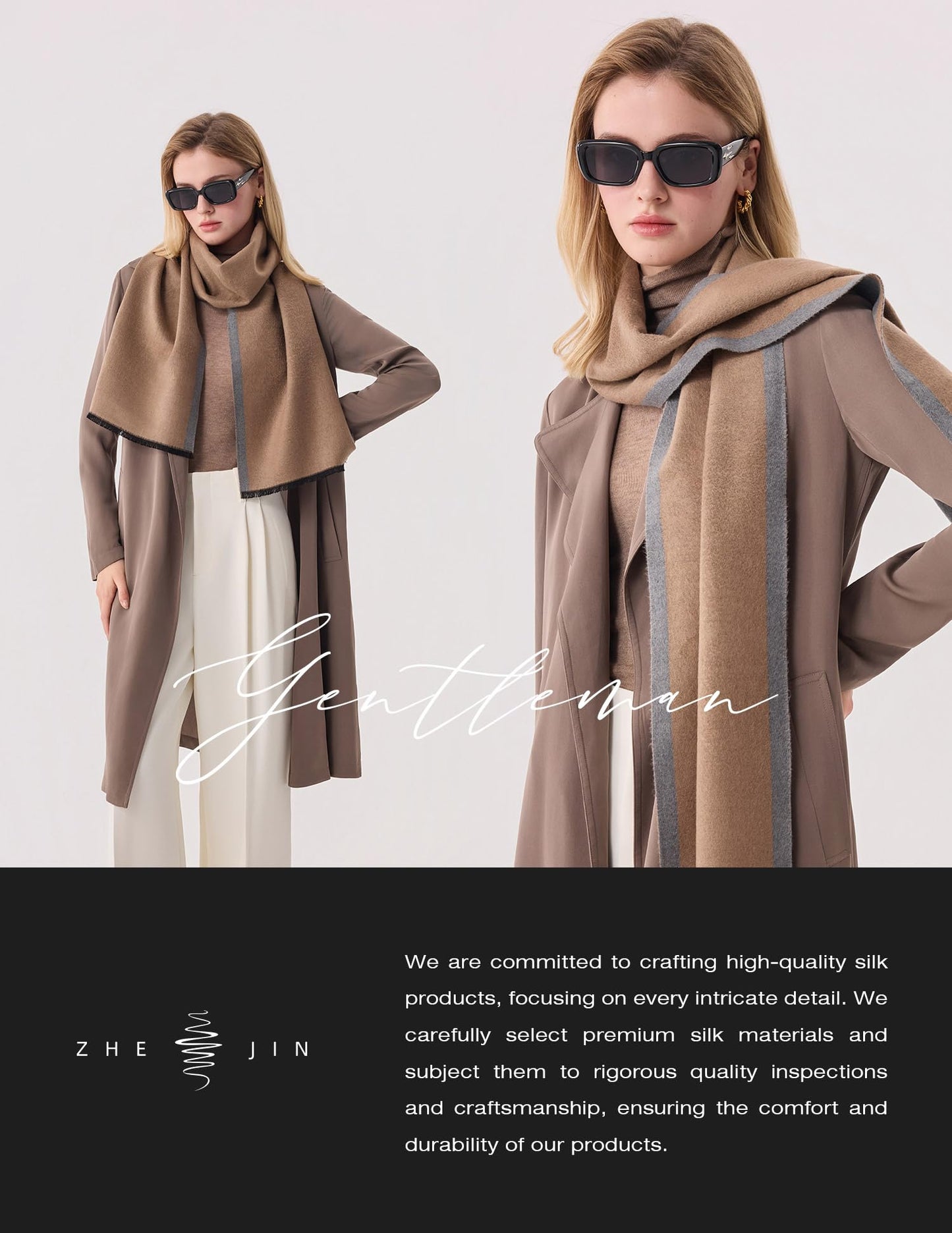 Camel and grey toned women’s long coat styled with a soft scarf, showcasing minimalist luxury fashion with a modern silhouette