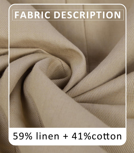 Macro close-up shot of the khaki linen-blend fabric texture showing the breathable weave of 59% linen and 41% cotton.