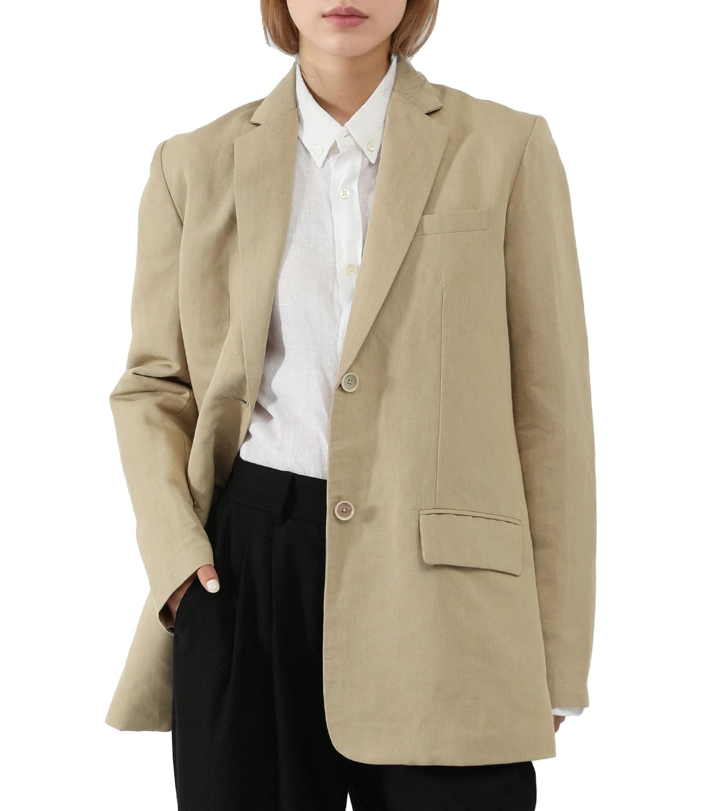 Full front-facing shot of the CLSEN women's khaki blazer showcasing the relaxed oversized fit and flap pockets.