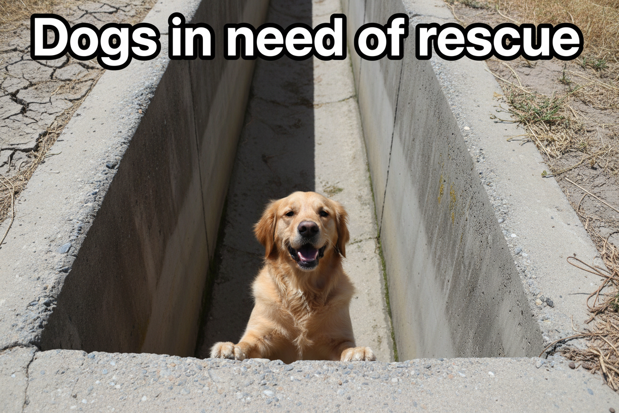 A dog in a ditch illustrating why a GPS fence is necessary to prevent wandering into danger.