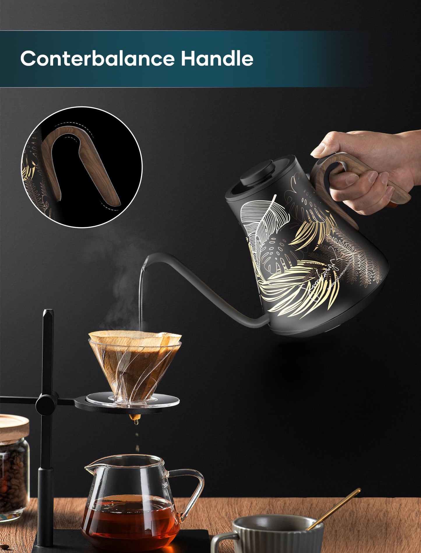 Detail shot focusing on the ergonomic, wood-grain patterned handle of the black gooseneck kettle for comfortable pouring.