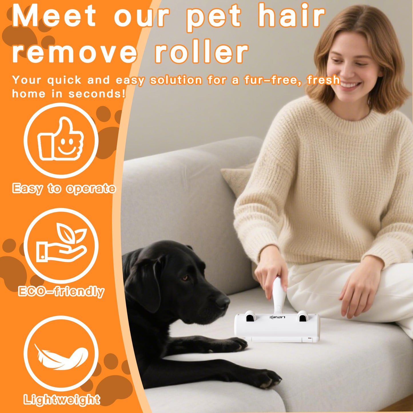 Lifestyle shot of a woman using the Furry Fun roller to clean a white sofa with a pet dog nearby.