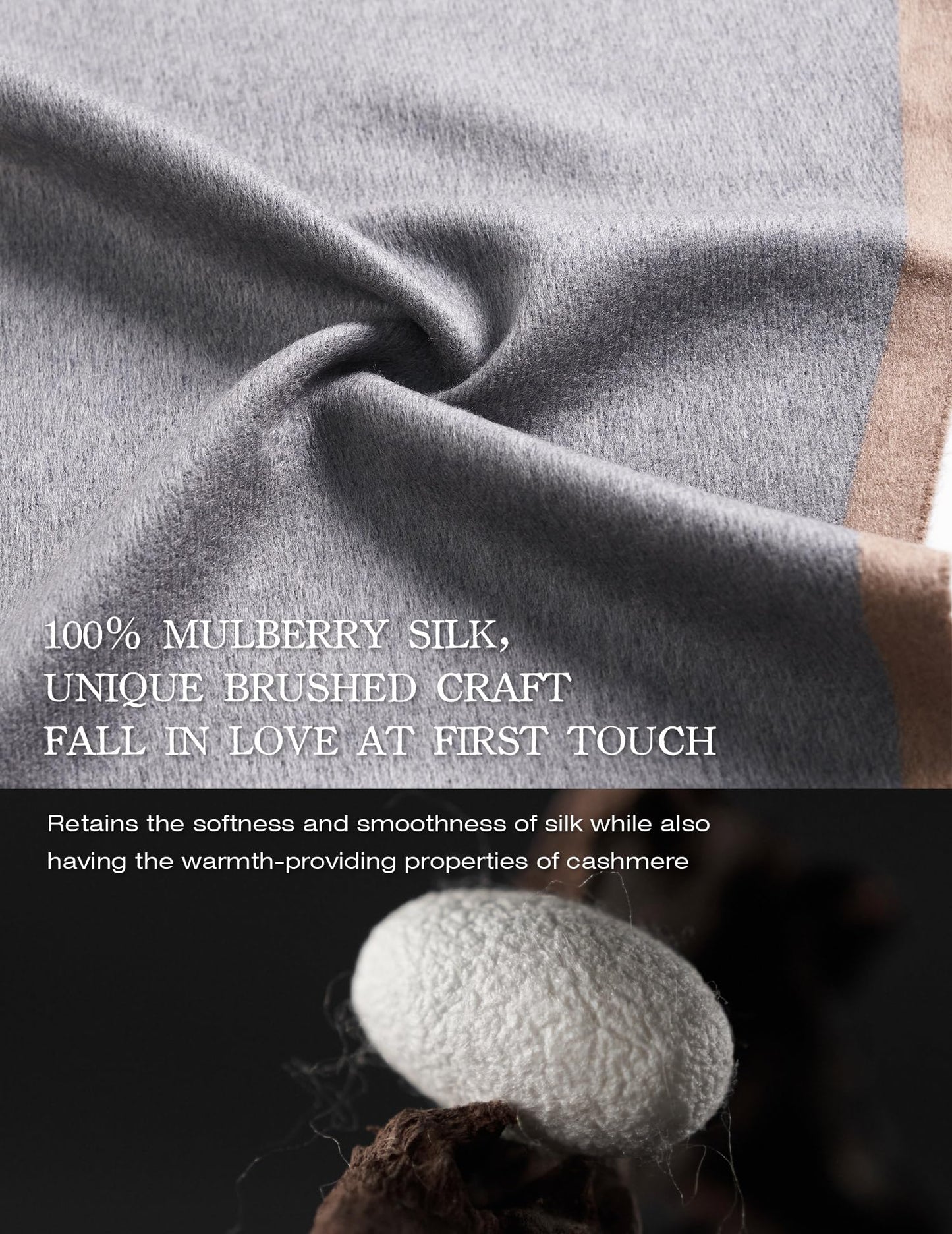 Close-up of jacquard woven silk scarf fabric showing grey and camel texture detail