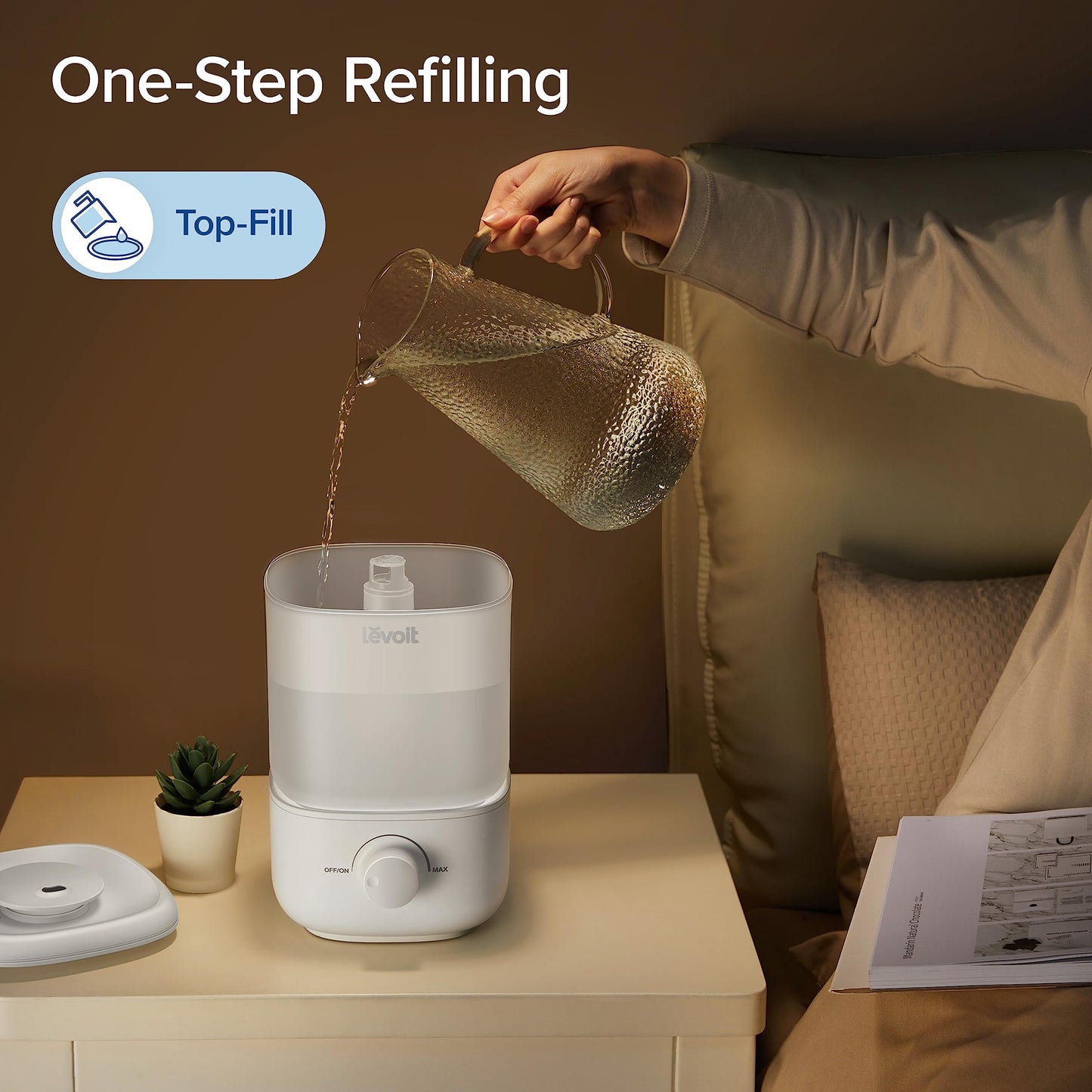 One-step refilling of the LEVOIT humidifier tank in a modern home environment.