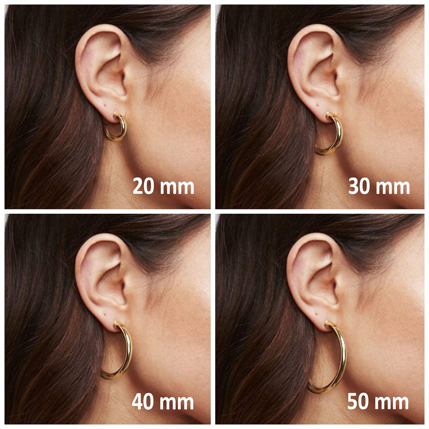 Size comparison chart showing the visual difference between 14mm and 20mm gold chunky hoop earrings on an ear.
