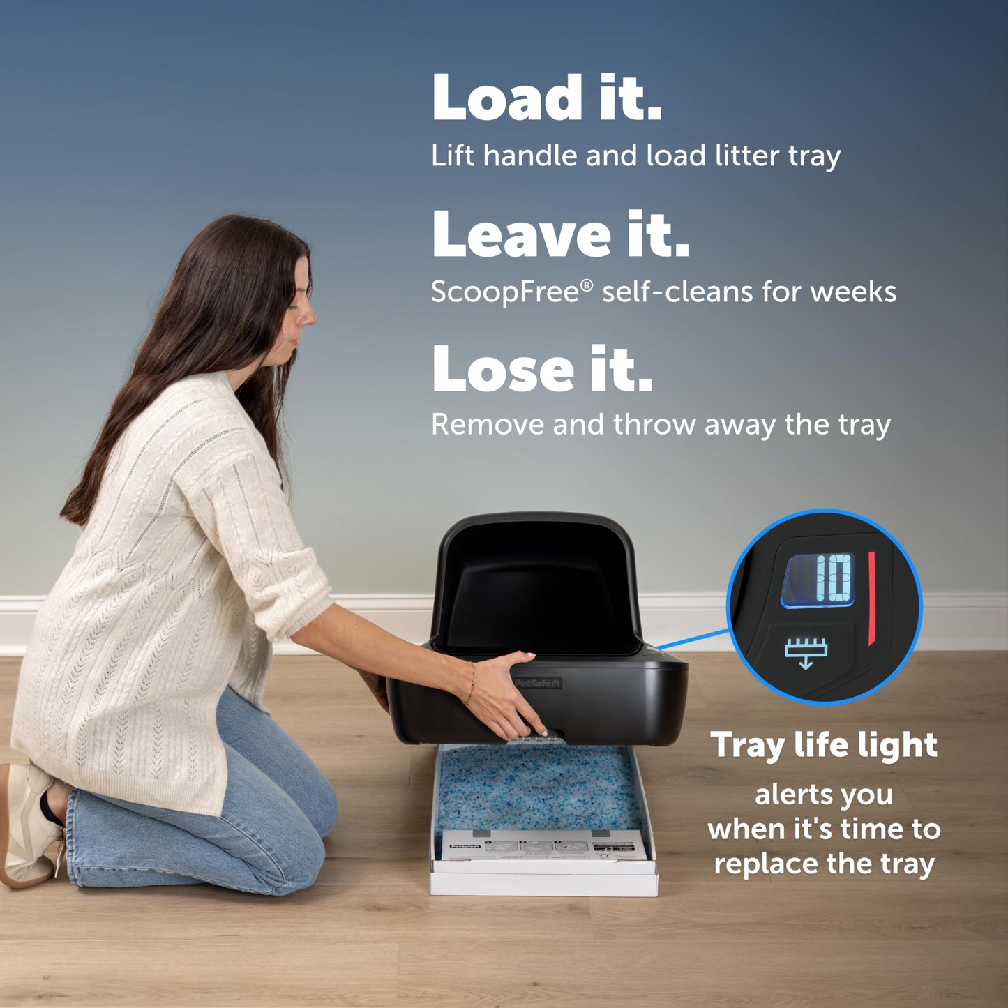 Woman demonstrating the simple "Load it, Leave it, Toss it" process of replacing the leak-proof litter tray