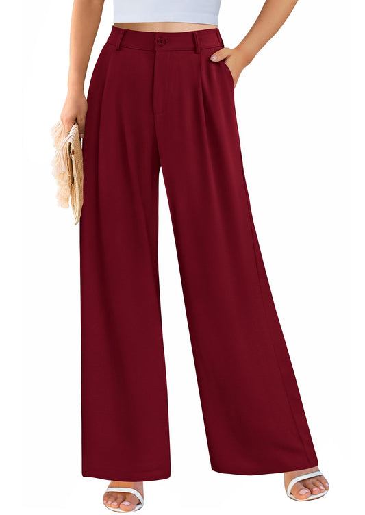 Full front view of a model standing in wine red PRETTYGARDEN dress pants with hands in pockets, demonstrating a professional business casual look.