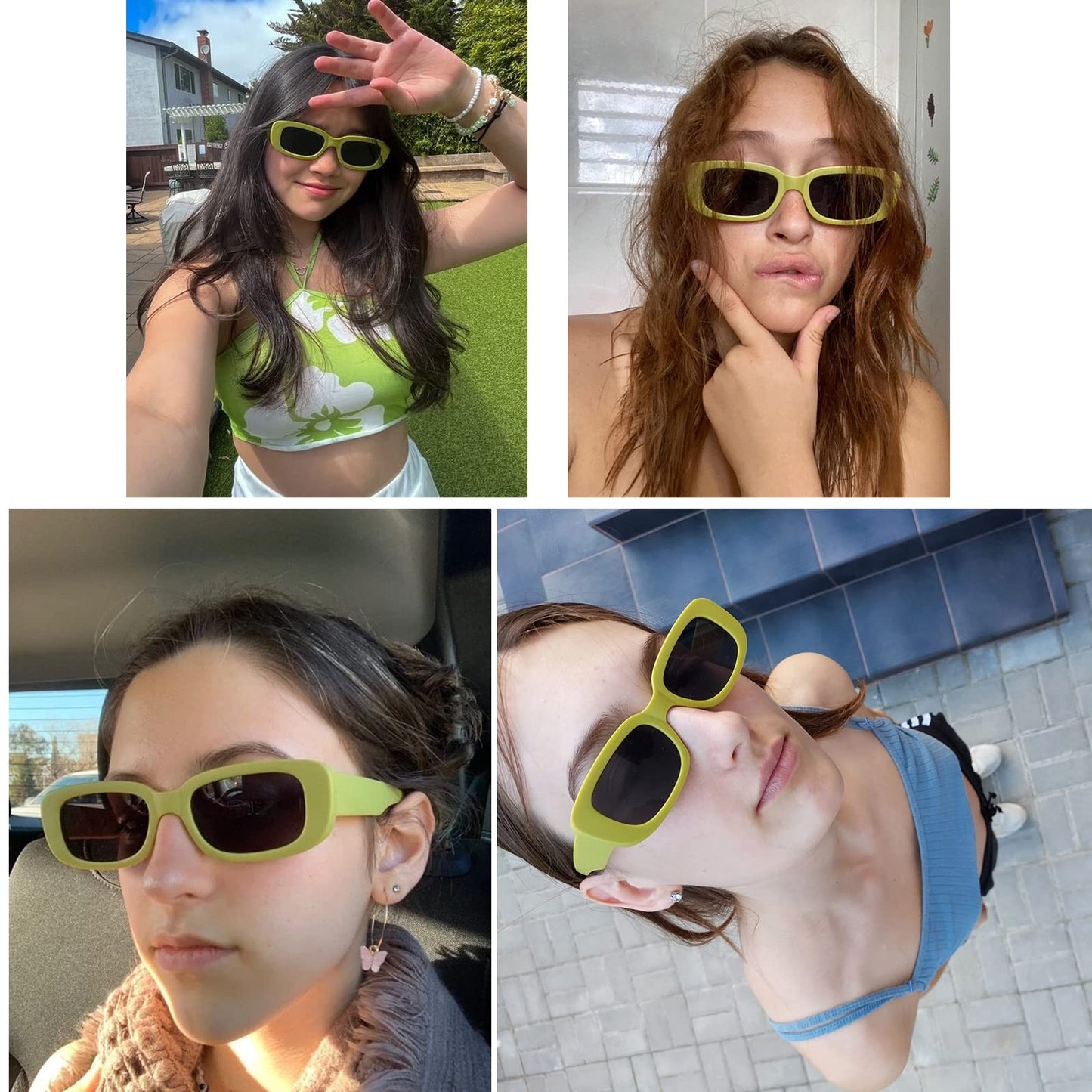 Lifestyle collage showing models wearing Tskestvy green and blue-tinted retro sunglasses.