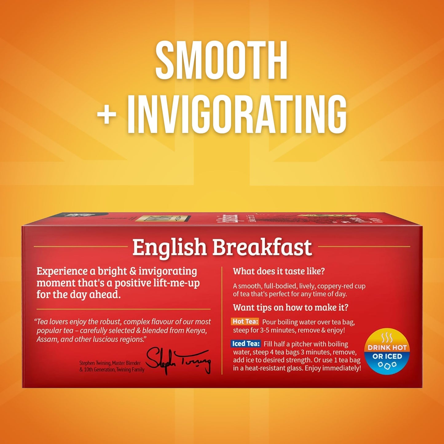 Side view of the Twinings English Breakfast box highlighting its smooth and invigorating characteristics.