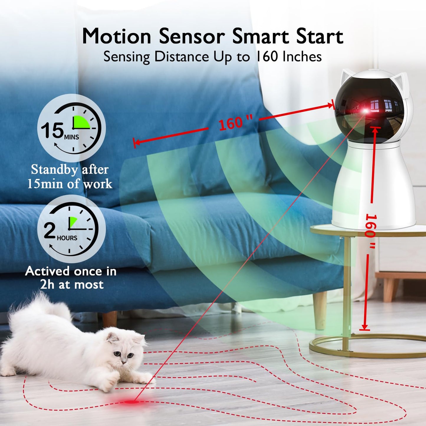 Illustration of the Valonii toy's advanced motion sensor detecting pet movement up to 160 inches away.
