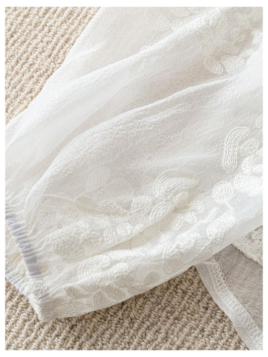 Close-up of white fabric showing texture and stitching detail