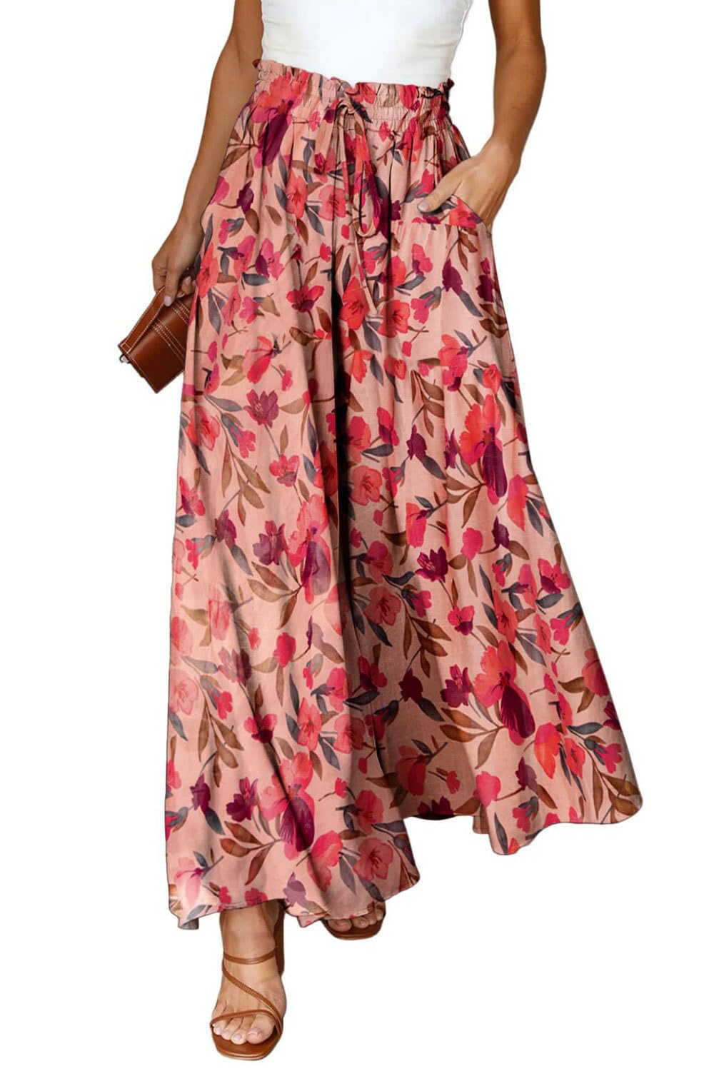 Front view of the YOCUR boho pants in a warm red and pink floral print.