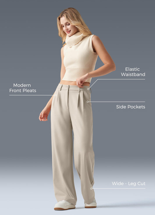 Full-body shot of a model in beige wide-leg trousers with text callouts highlighting design features.