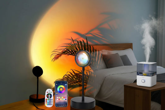 JIMEI RGB sunset lamp projector with smartphone app control, remote, and 16-color display grid.