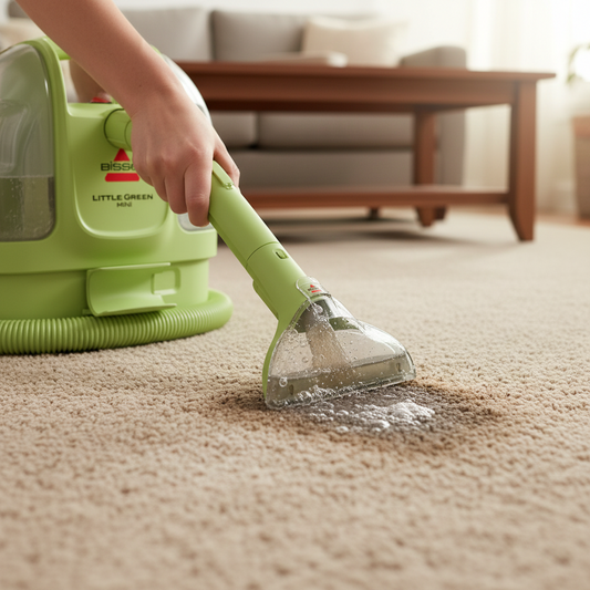 Hands and a vacuum cleaner are shown cleaning dirt from a carpet using the BISSELL Little Green Mini Portable Carpet Cleaner.