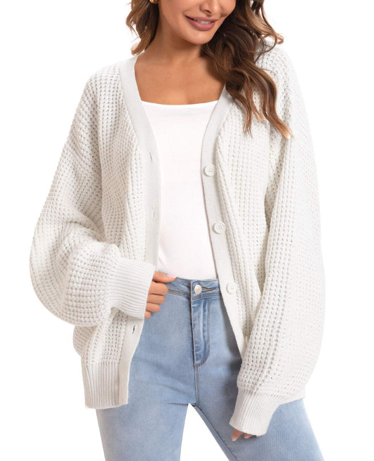 Front view of the QUALFORT women's off-white button-down cardigan in a chunky 100% cotton knit style.