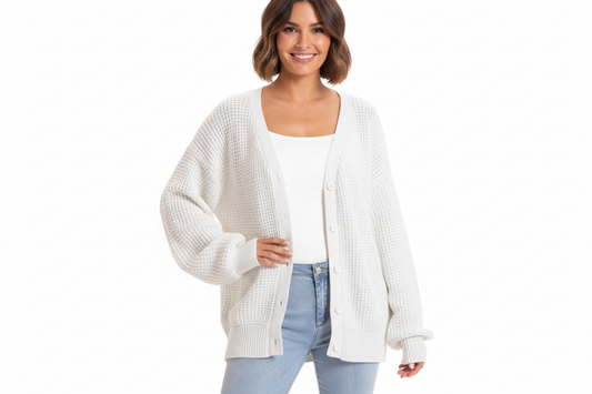 Short-haired girl wearing white cardigan sweaters and jeans