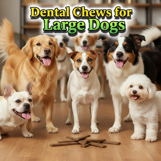 Several dogs are enjoying Dental Chews in front of them.