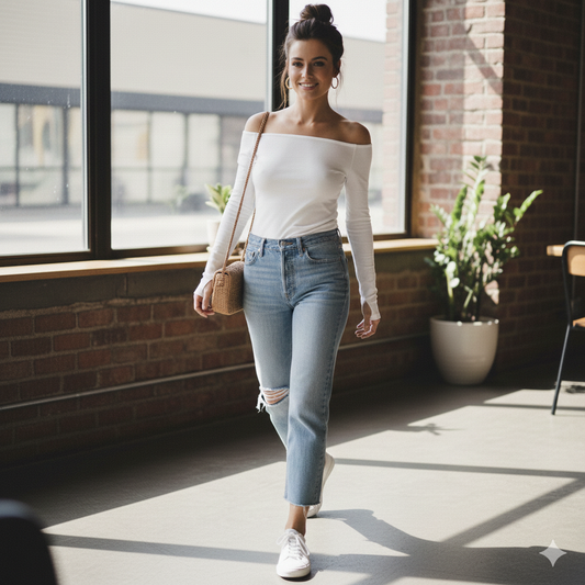 Model wearing the elegant off-shoulder white boat neck top with blue denim jeans in a sunlit room.