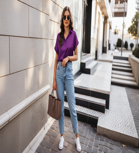 College Girl - Soft Purple Blouse with Jeans Vintage