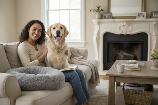 Image of a woman with her dog on a living room sofa, next to her is an Active Pets Calming Plush Dog Bed.