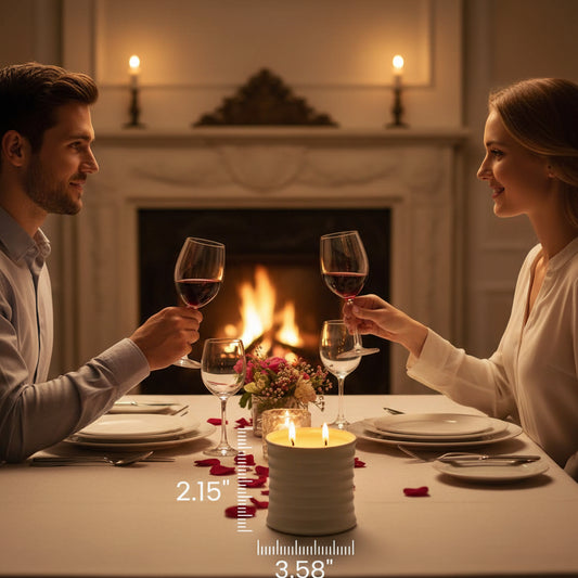 A man and a woman are drinking wine in a relaxed atmosphere, facing each other, with a lit ANNEX candle on the table.