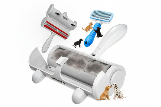 Furry Fun 2-in-1 Pet Hair Removal Kit with Self-Cleaning Roller and Grooming Brush for 2 Small Cats and 3 Dogs.