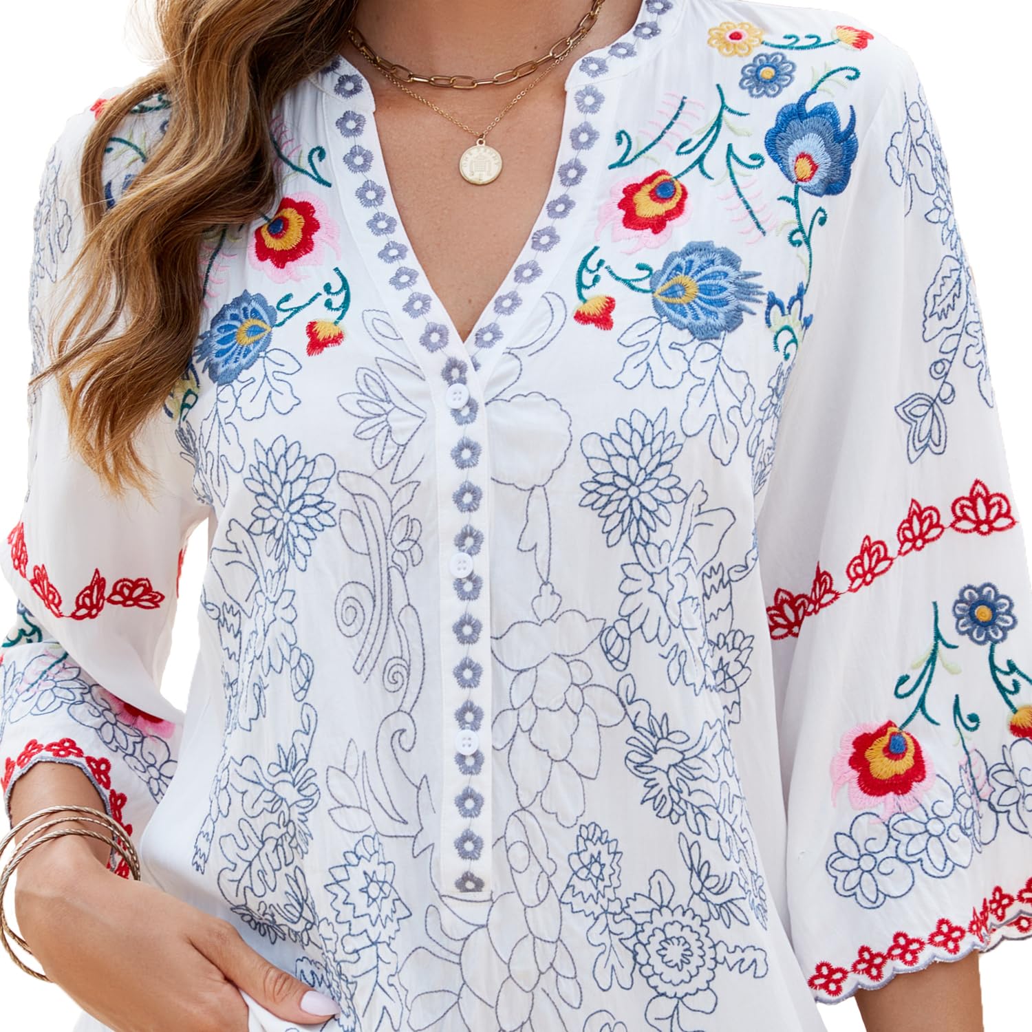 Close-up detail of the artisan blue and red floral embroidery and front button-up closure of the GORGLITTER peasant blouse.