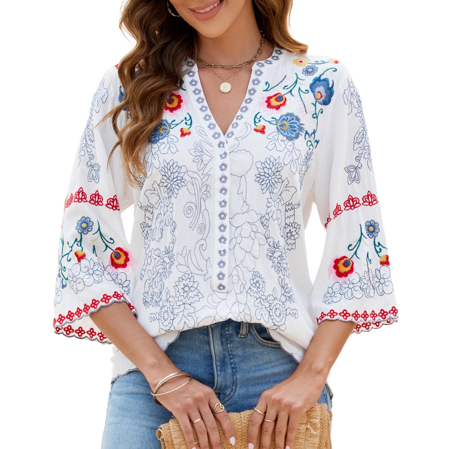 Full front shot of a model wearing the GORGLITTER embroidered boho top with blue jeans, showcasing its flowy and feminine fit