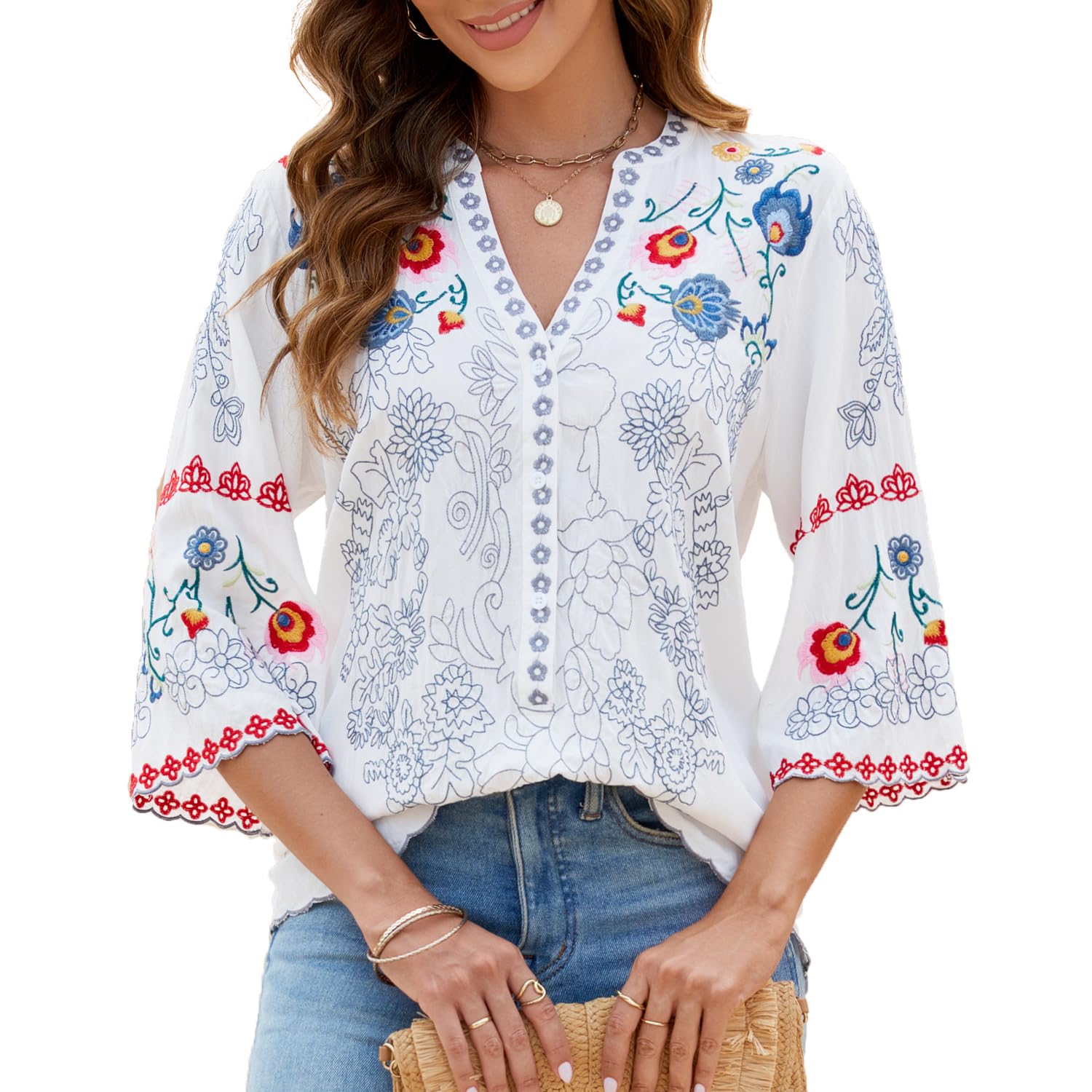 Full front shot of a model wearing the GORGLITTER embroidered boho top with blue jeans, showcasing its flowy and feminine fit