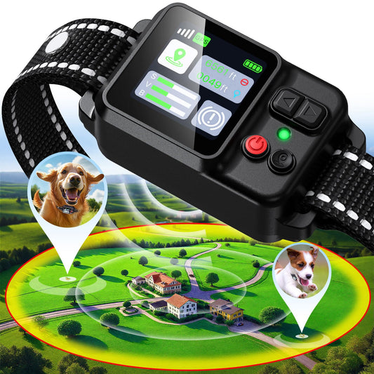 Main PRTRFLC GPS dog collar showing AI positioning over a digital boundary map.