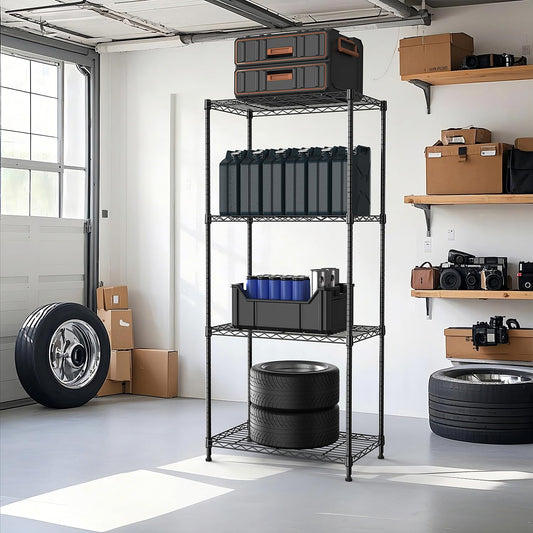 A heavy-duty 4-tier black metal shelving unit organized in a garage with spare tires, tool boxes, and storage bins.
