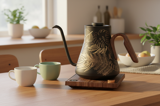 Gooseneck Electric Kettle An electric kettle sits on the kitchen table, with two teacups placed next to it.