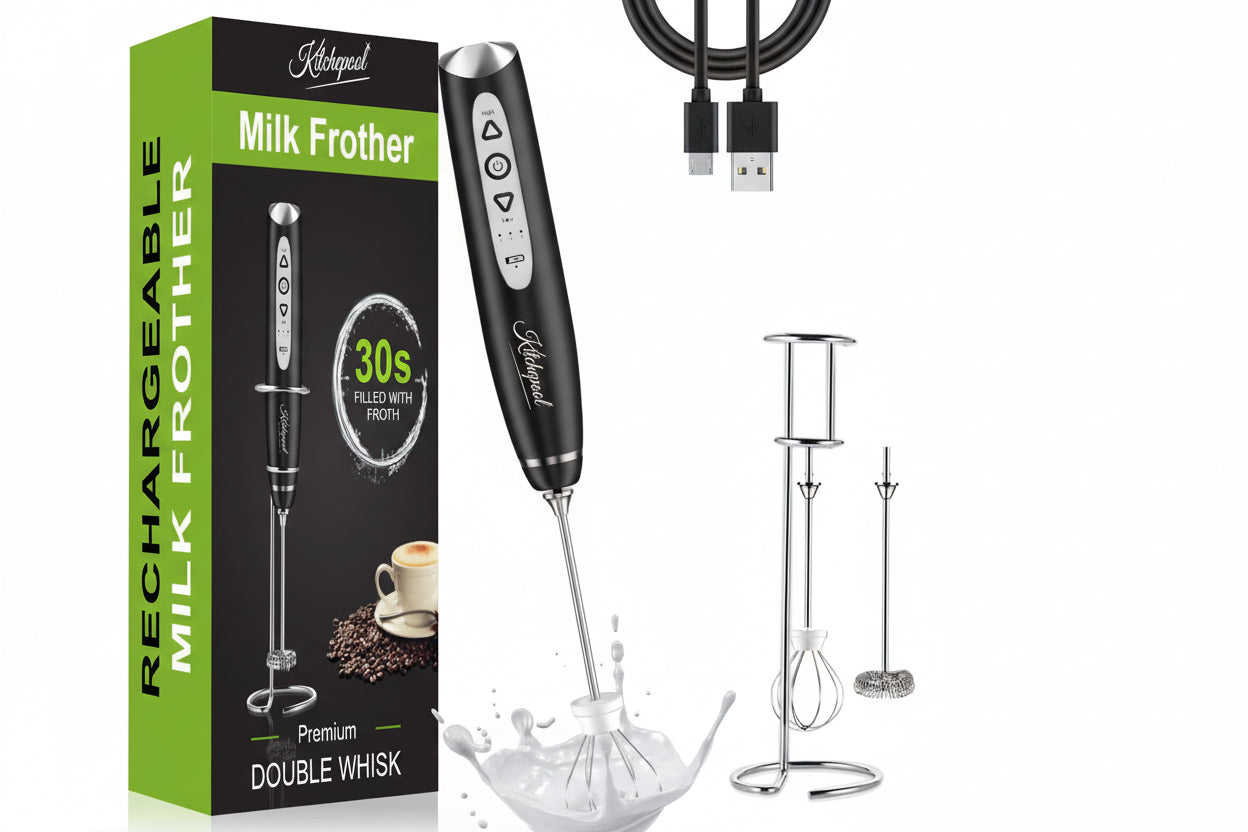KITCHEPOOL KPMF-01 handheld rechargeable milk frother set with stand, USB cable, and interchangeable whisks.