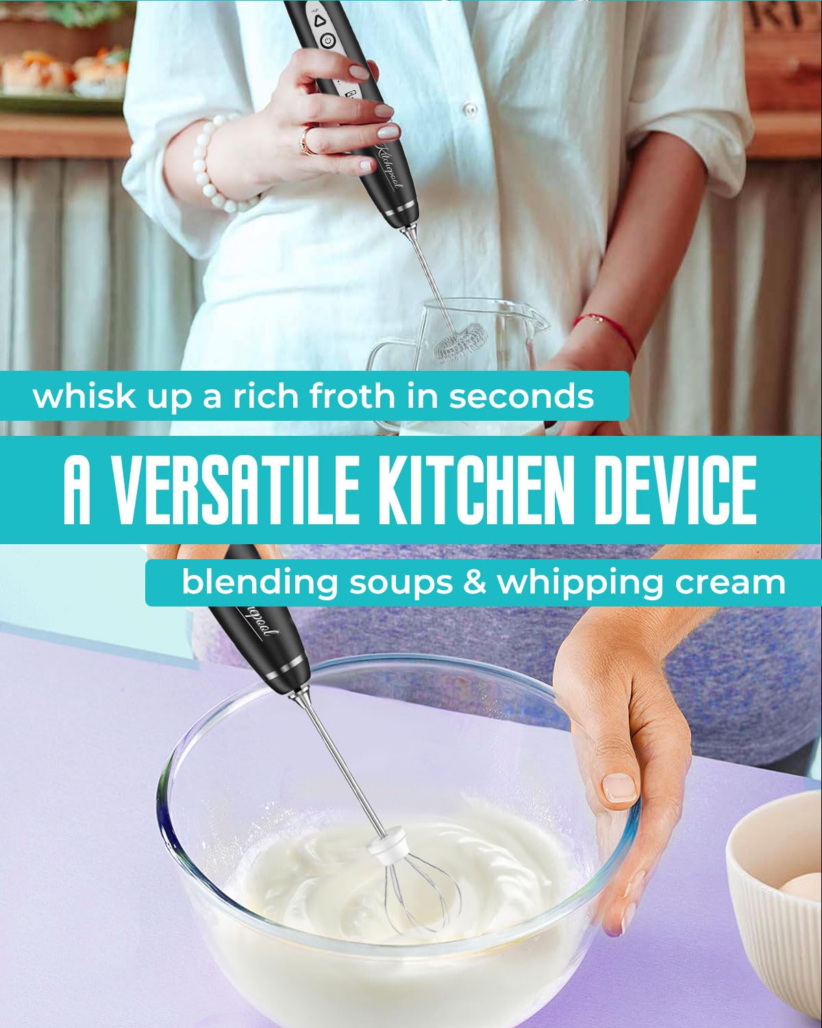 A person using the KITCHEPOOL versatile handheld device to whisk cream in a glass bowl.