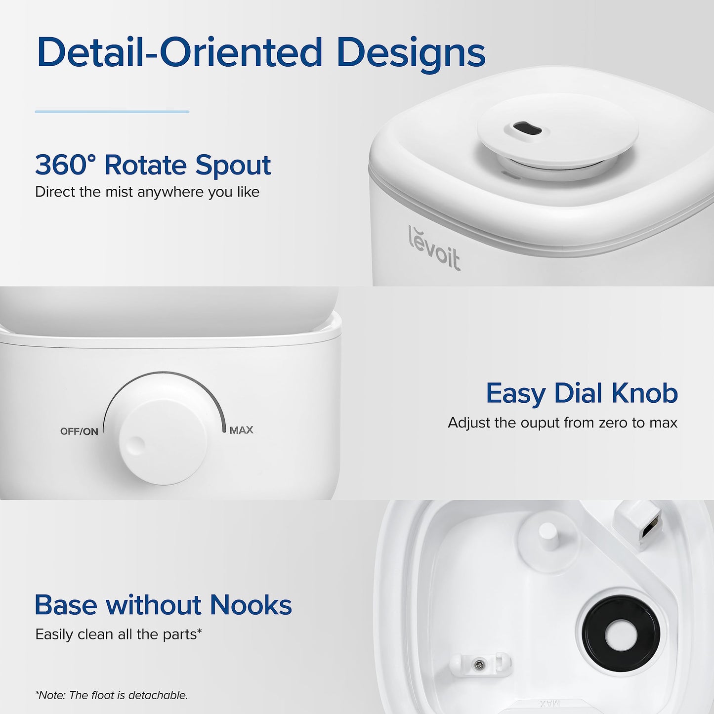 Close-up of the easy-to-use mist control knob and base design of the LEVOIT humidifier.