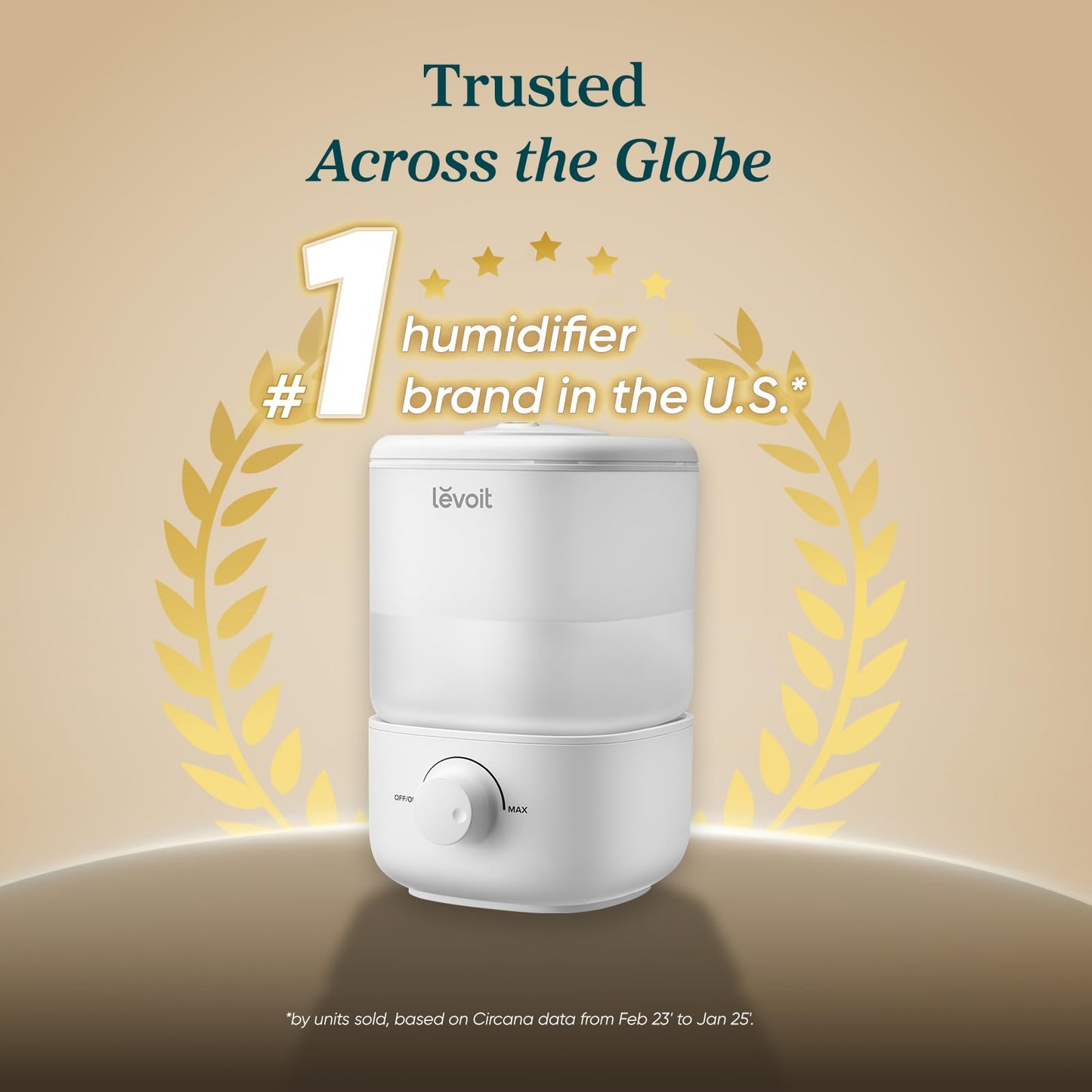LEVOIT humidifier recognized as a trusted brand across the globe with an award badge.