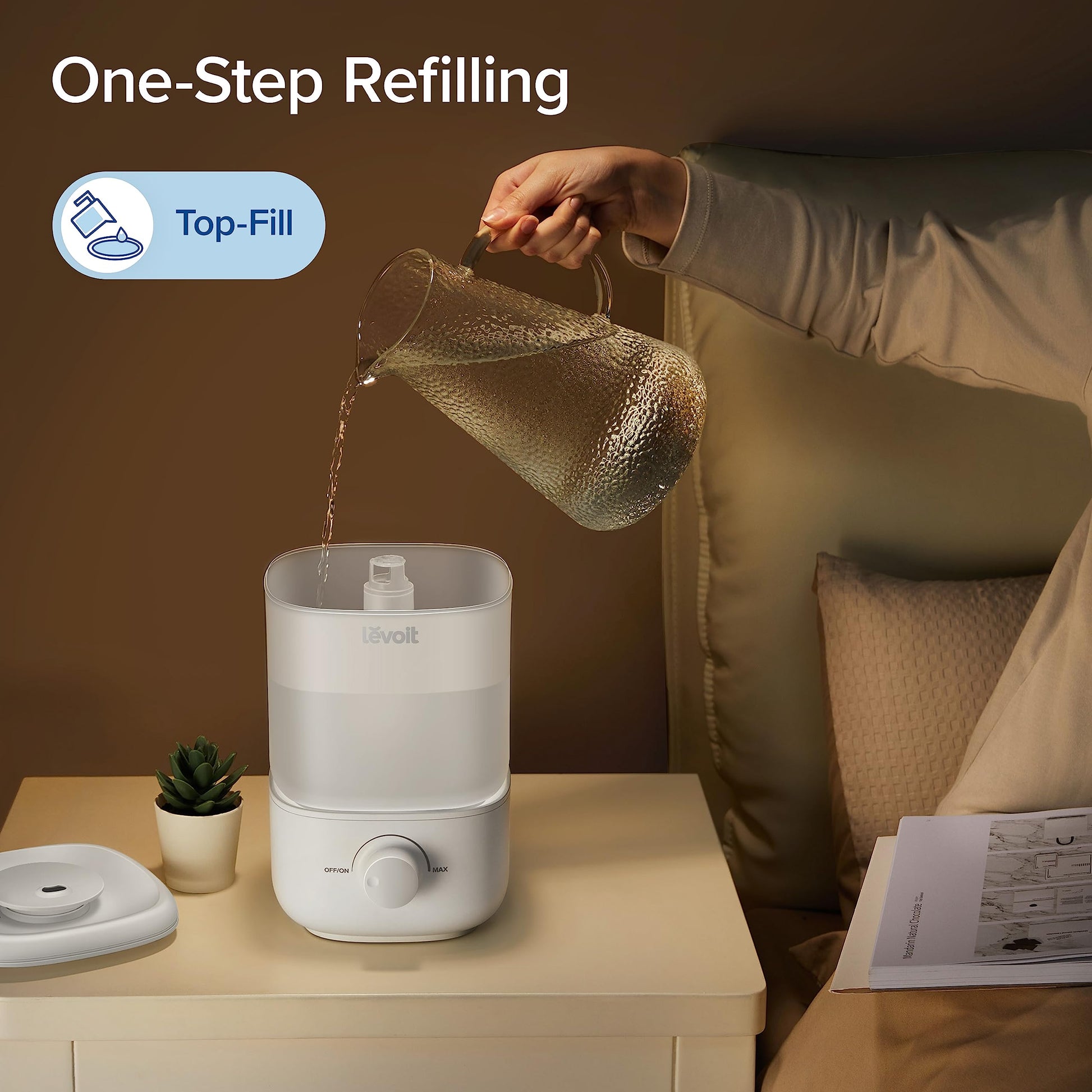 One-step refilling of the LEVOIT humidifier tank in a modern home environment.