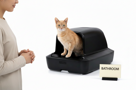 A woman looks on with delight as her cat emerges from the PetSafe Scoop Free Crystal Pro litter box.