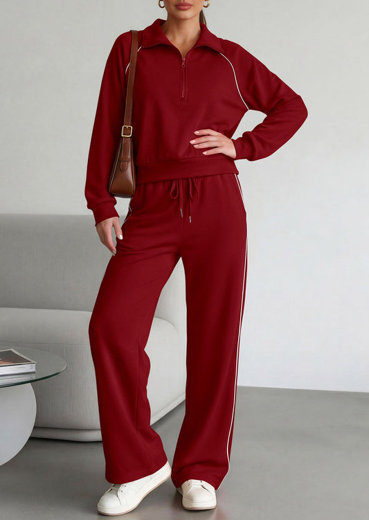 Close-up detail of the half-zip design and collar on the PRETTYGARDEN burgundy pullover sweatshirt.