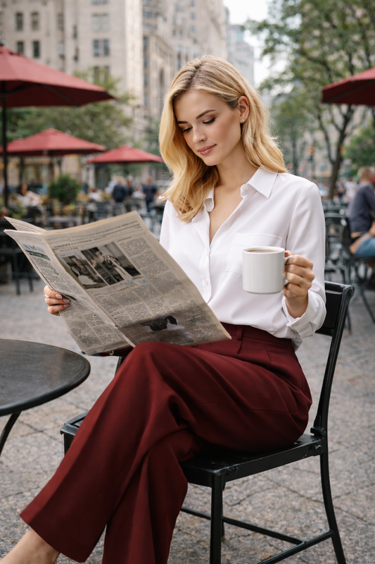 A blonde model sitting at an outdoor cafe reading a newspaper, wearing PRETTYGARDEN wine red wide-leg trousers and a white button-down shirt.