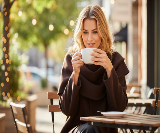 A woman in her 30s is drinking coffee at an outdoor coffee shop wearing a QUALFORT Women's 100% Cotton Cardigan in Grey styled with a white top and black pleated skirt.