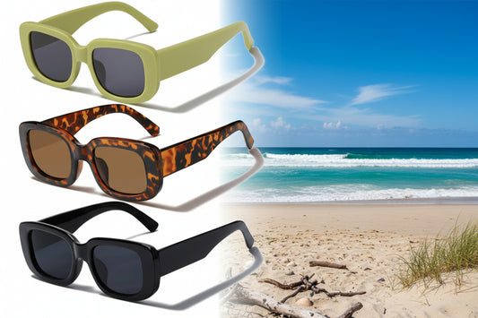 Tskestvy 9074 Retro Rectangular Sunglasses in Green, Hopi, Cream and Black with a beach sea and sand scene on the main display and right side.