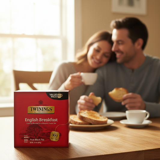 A couple enjoying a morning breakfast ritual with Twinings English Breakfast tea box on the table.